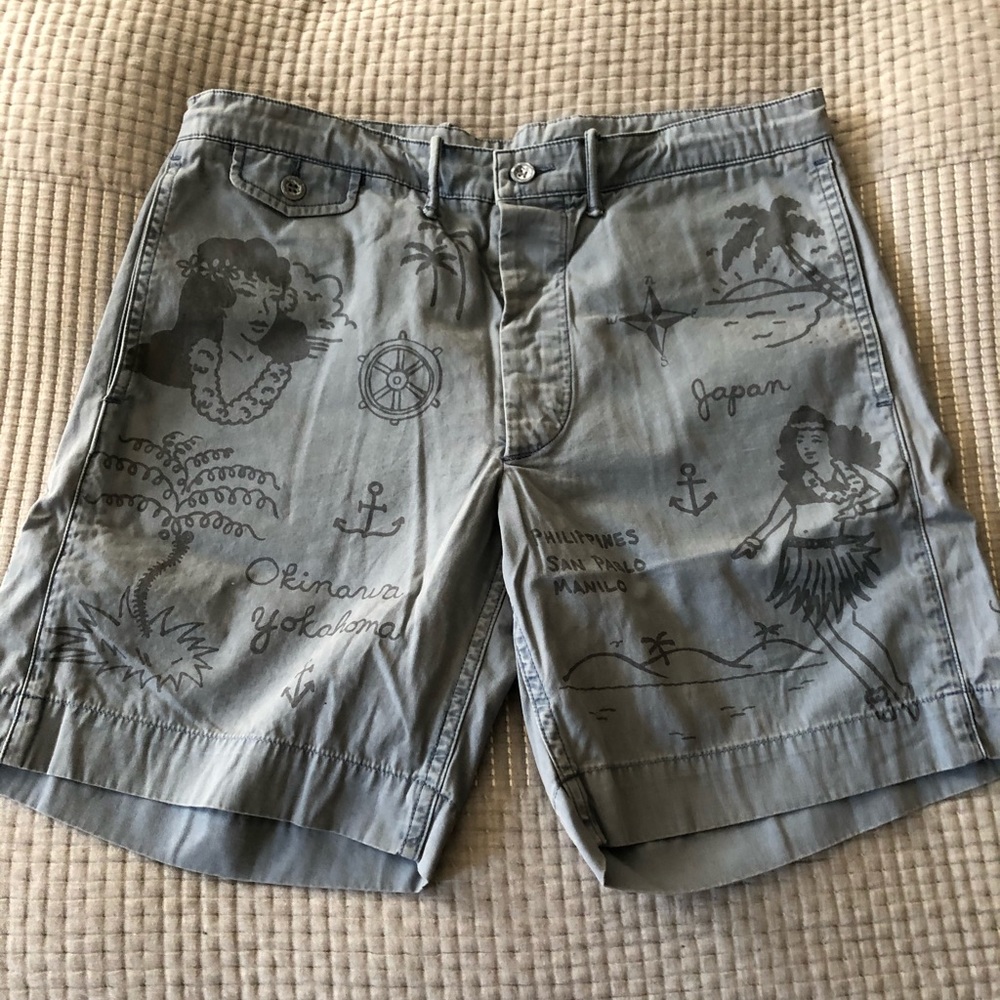 RRL SHORTS, BLUE ‘AMERICANA TATTOO’ PRINT 32”